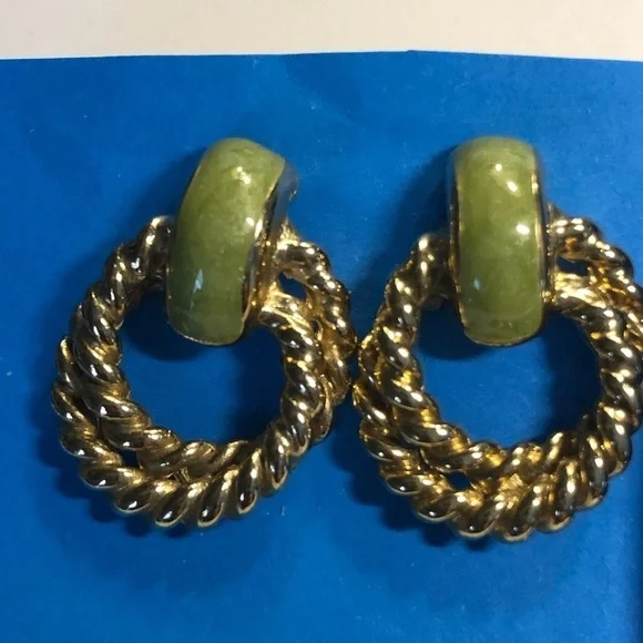 Mix and match pierced earrings gold green and iridescent white and clear stone - Picture 7 of 7